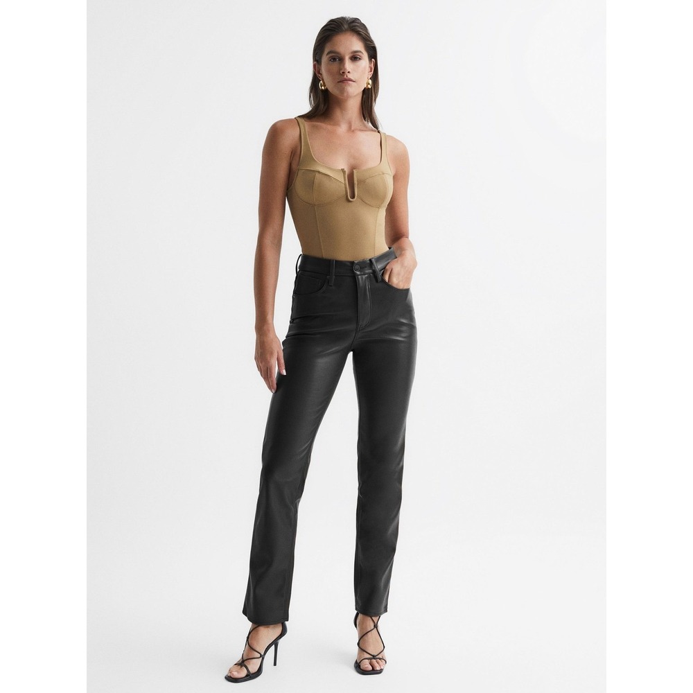 GOOD AMERICAN Better Than Leather Pants, High Rise Straight, Black, Size 6